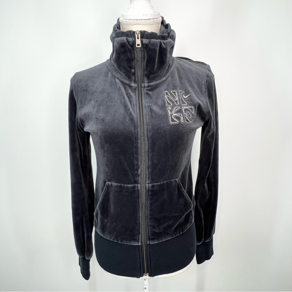 VTG Nike The Athletic Department Black Velour Zip Up Turtleneck Jacket Small